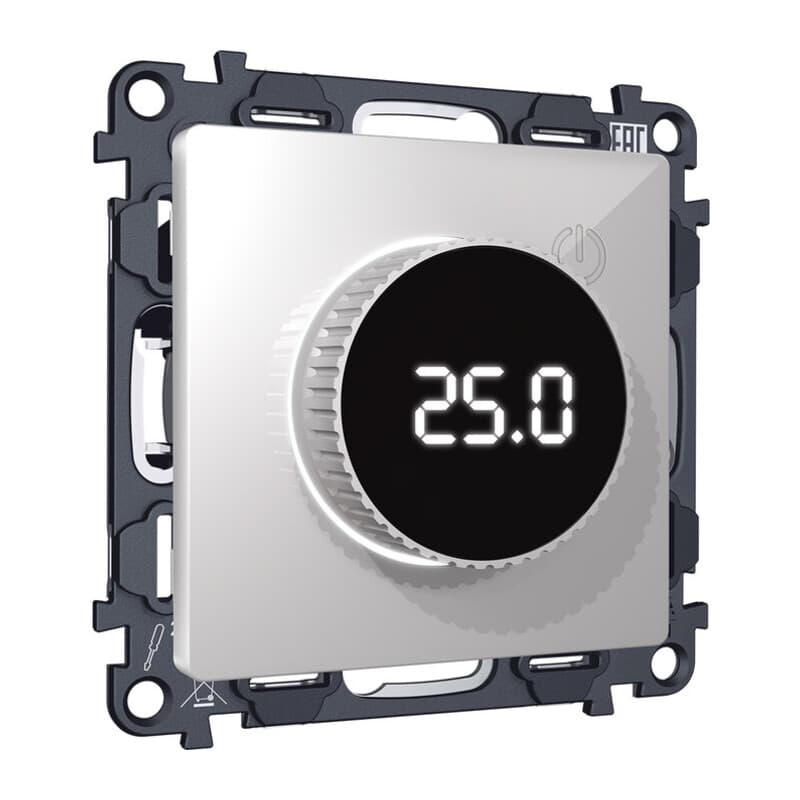 Комплект механизма терморегулятора с цифровым дисплеем с подсветкой и датчиком для теплого пола ALFA Серебро глянец QUANT (AP4058, VM1385)