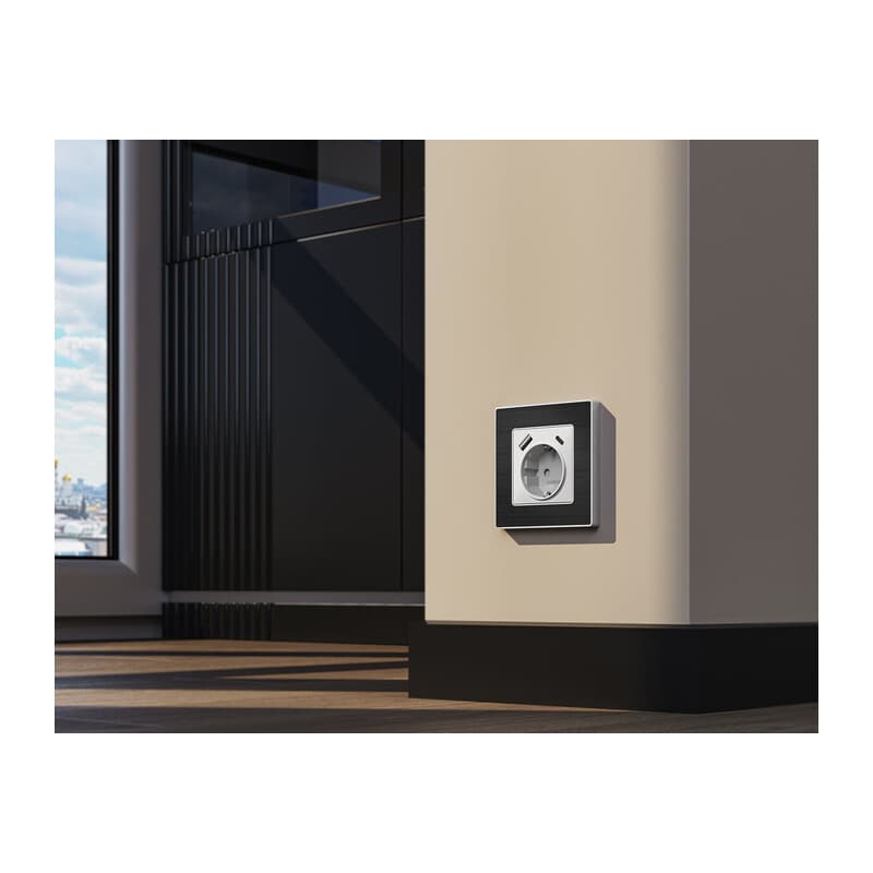 Комплект механизма электрической розетки ALFA Серебро глянец 2USB A+C 20W (быстрая зарядка) с/з QUANT (AP4100, VM160)