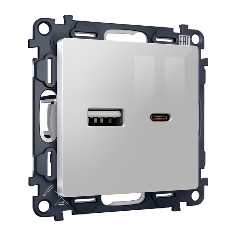 Комплект механизма розетки ALFA Серебро глянец 2USB A+C 20W (быстрая зарядка) QUANT (AP4110, VM177)