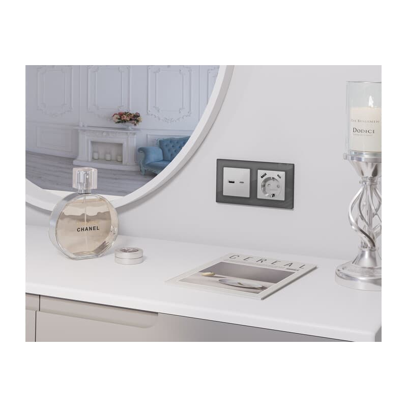 Комплект механизма розетки ALFA Серебро глянец 2USB A+C 20W (быстрая зарядка) QUANT (AP4110, VM177)