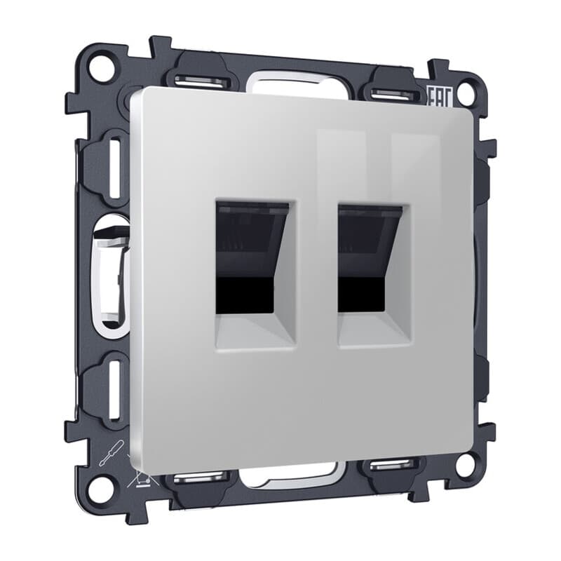 Комплект механизма компьютерной двойной розетки RJ-45 (8P8C) CAT6 с автоматической защитной шторкой ALFA Серебро глянец QUANT (AP4121, VM189)