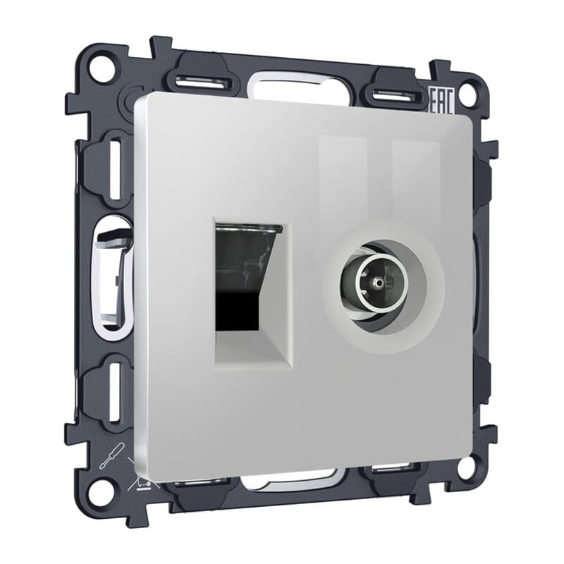 Комплект механизма розетки компьютерной + TV оконечной RJ-45 с автоматической защитной шторкой ALFA Серебро глянец QUANT (AP4125, VM195)