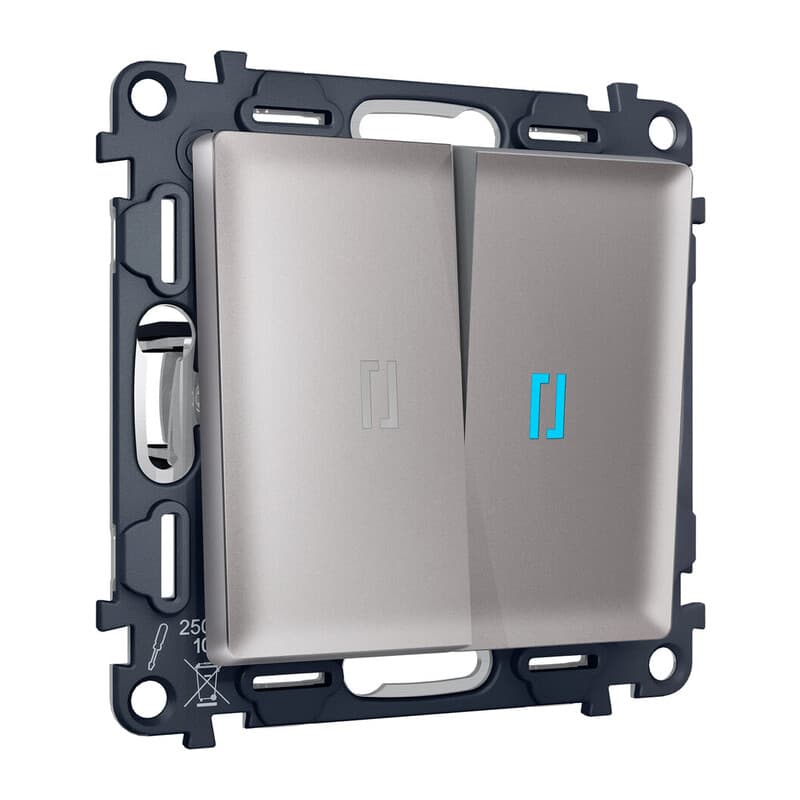 Комплект механизма 2-кл выключателя с подсветкой 10000K ALFA Сталь матовый QUANT (AP5040, VM115, G17B)