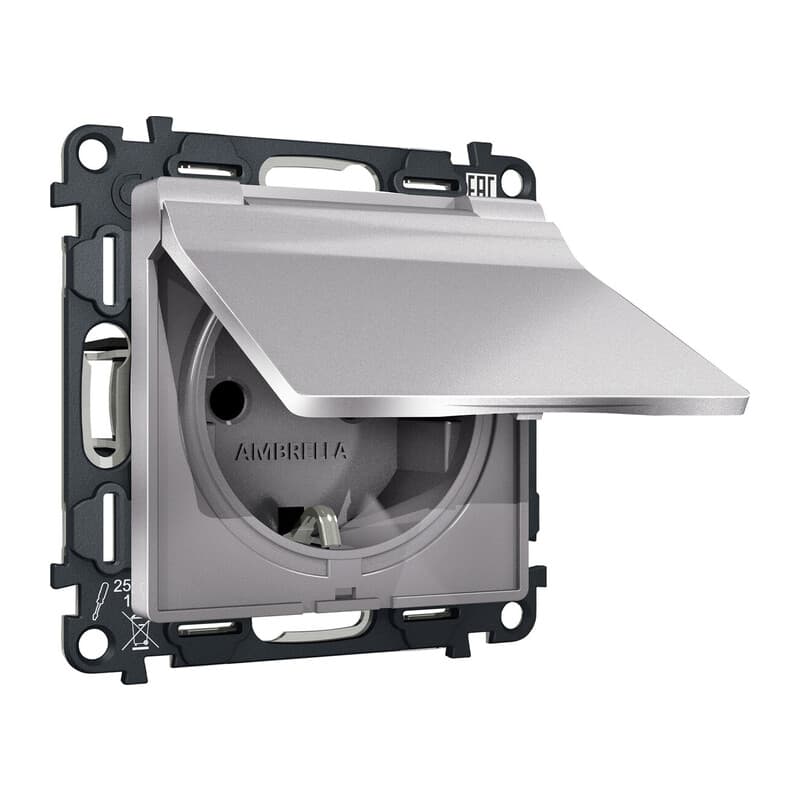 Комплект механизма электрической розетки ALFA Сталь матовый  с/з с шторками и крышкой IP44 QUANT (AP5080, VM141)