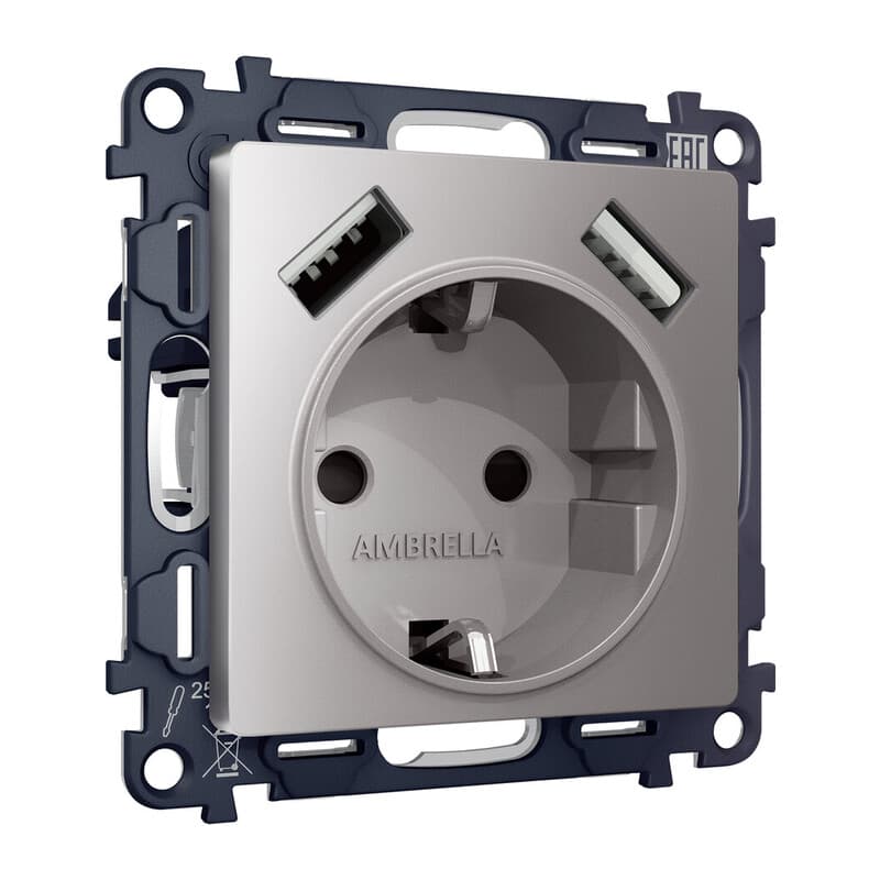 Комплект механизма электрической розетки ALFA Сталь матовый 2USB A+A 18W (быстрая зарядка) с/з QUANT (AP5090, VM155)