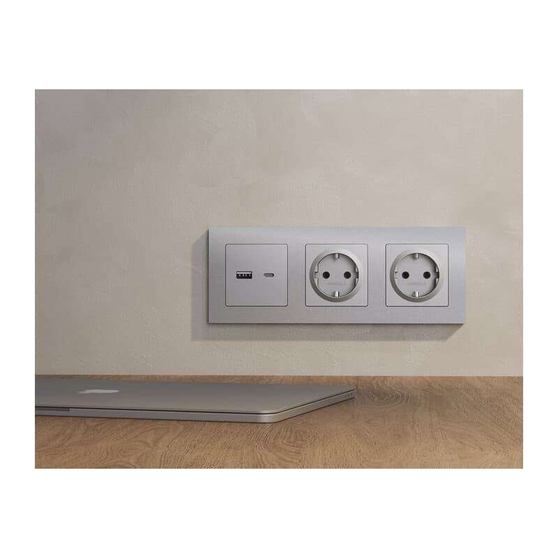 Комплект механизма розетки ALFA Сталь матовый 2USB A+C 20W (быстрая зарядка) QUANT (AP5110, VM177)