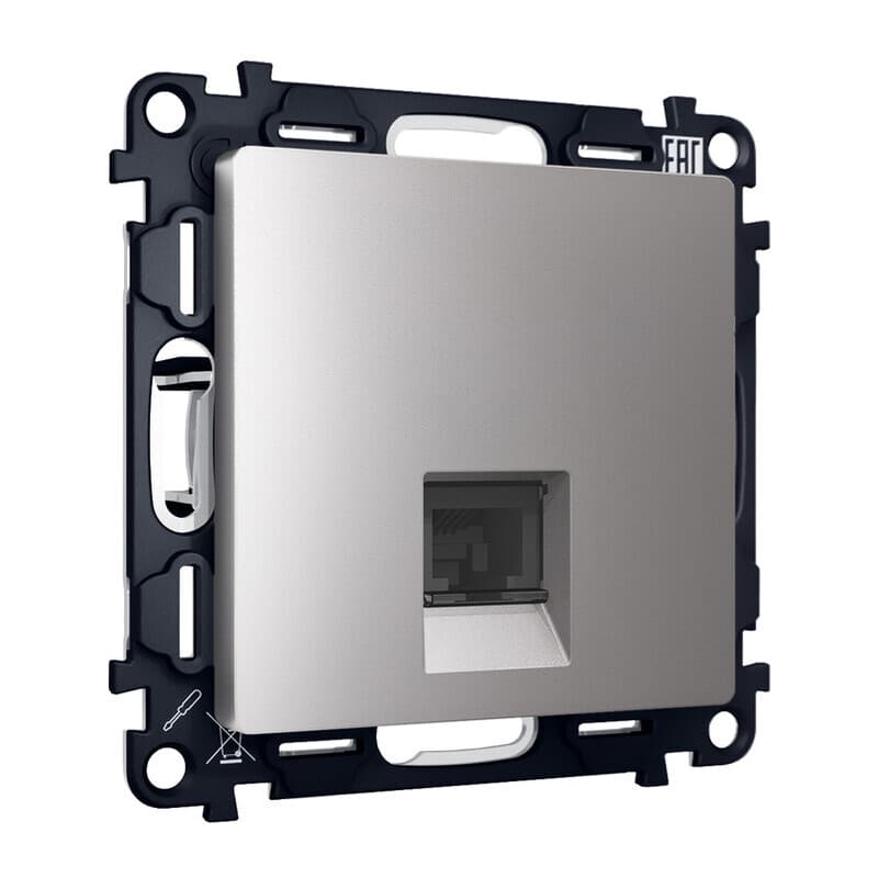 Комплект механизма компьютерной розетки RJ-45 экранированной с автоматической защитной шторкой ALFA Сталь матовый QUANT (AP5120, VM185)