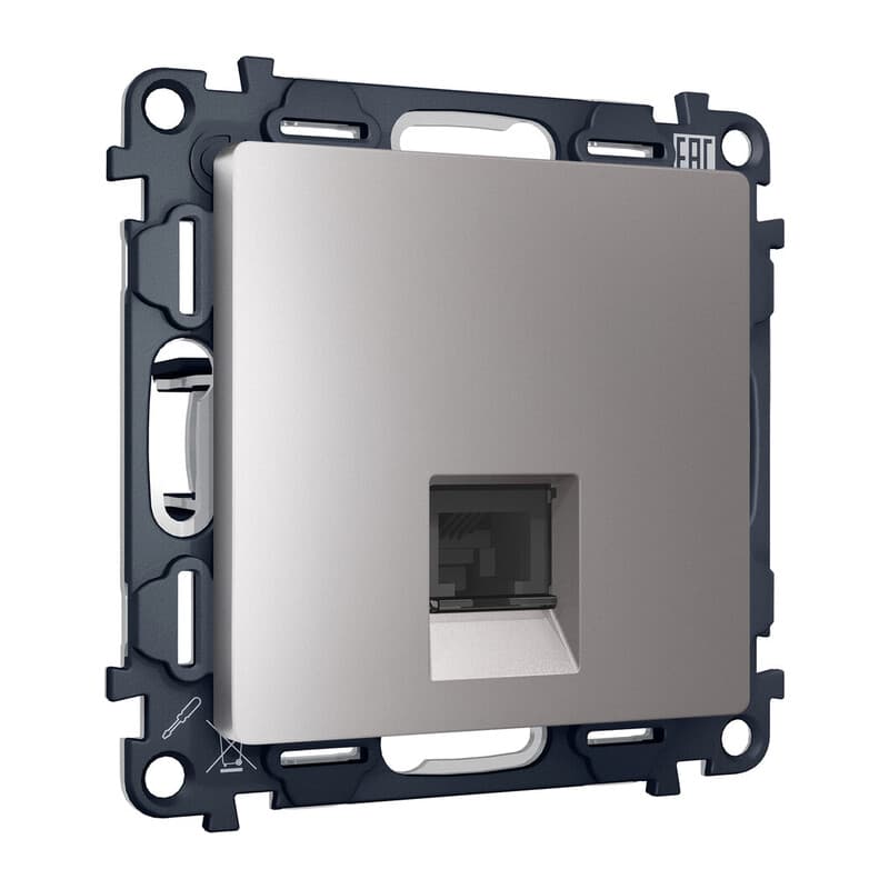 Комплект механизма компьютерной розетки ALFA Сталь матовый RJ-45(8P8C) CAT6 с шторкой QUANT (AP5120, VM188)