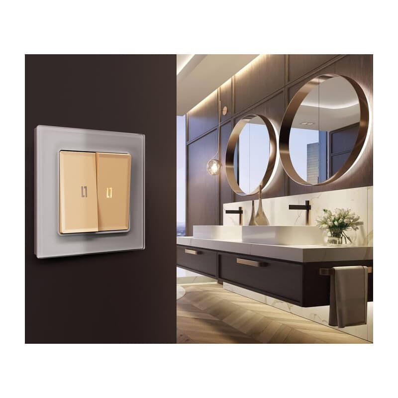 Комплект механизма 2-кл проходного выключателя с подсветкой 3200K ALFA Шампань QUANT (AP6040, VM120, G22Y)