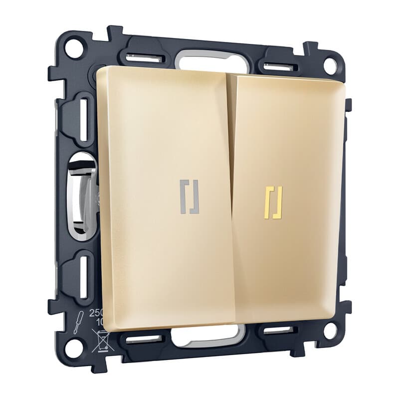 Комплект механизма 2-кл выключателя с самовозвратом с подсветкой 3200K ALFA Шампань QUANT (AP6040, VM129, G11Y)