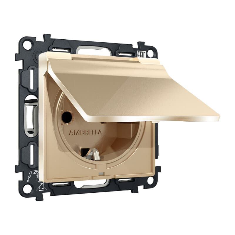 Комплект механизма электрической розетки ALFA Шампань с/з с шторками и крышкой IP44 QUANT (AP6080, VM141)