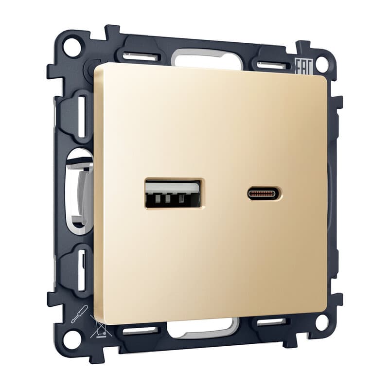 Комплект механизма розетки ALFA Шампань 2USB A+C 20W (быстрая зарядка) QUANT (AP6110, VM177)