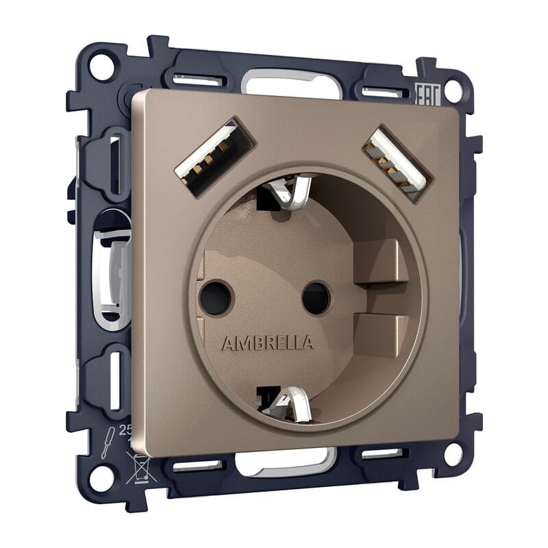 Комплект механизма электрической розетки ALFA Темная бронза матовый 2USB A+A 18W (быстрая зарядка) с/з QUANT (AP6390, VM155)