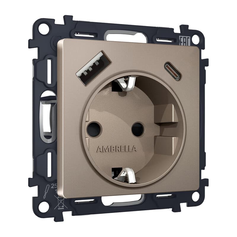 Комплект механизма электрической розетки ALFA Темная бронза матовый 2USB A+C 20W (быстрая зарядка) с/з QUANT (AP6400, VM160)