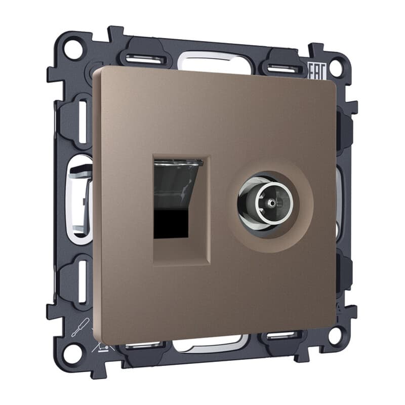 Комплект мех-ма розетки компьютерной + TV оконечной RJ-45 с автоматической защитной шторкой ALFA Темная бронза матовый (AP6425, VM195)