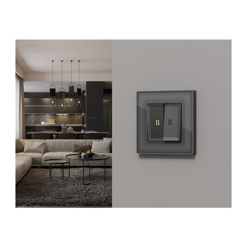 Комплект механизма 2-кл выключателя с подсветкой 3200K ALFA Антрацит серый QUANT (AP6540, VM115, G11Y)