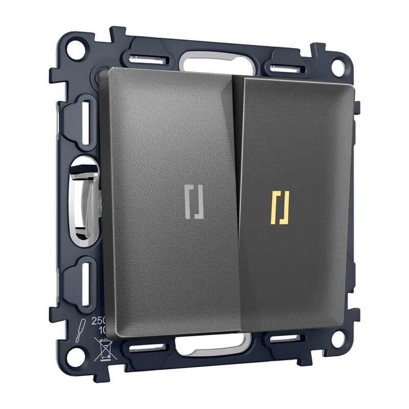 Комплект механизма 2-кл проходного выключателя с подсветкой 3200K ALFA Антрацит серый QUANT (AP6540, VM120, G22Y)