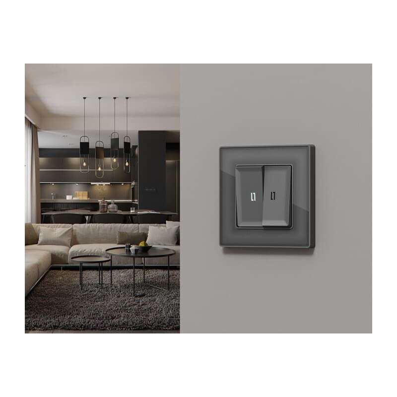 Комплект механизма 2-кл проходного выключателя с подсветкой 5600K ALFA Антрацит серый QUANT (AP6540, VM120, G25W)