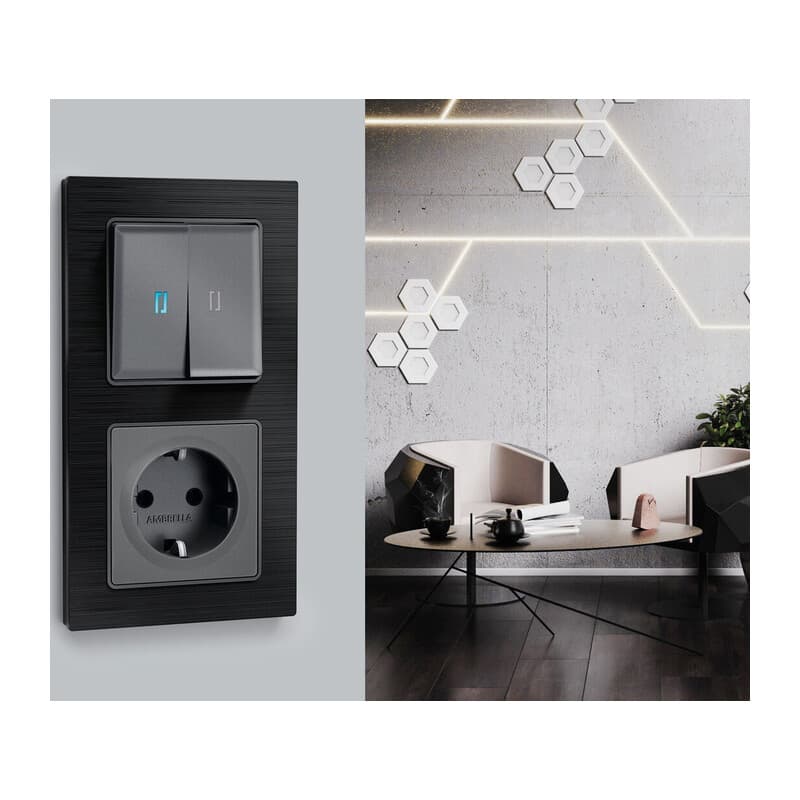 Комплект механизма 2-кл проходного выключателя с подсветкой 10000K ALFA Антрацит серый QUANT (AP6540, VM120, G29B)