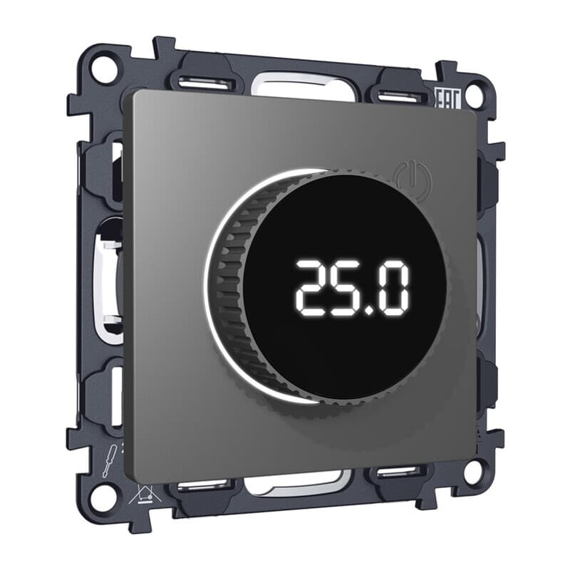 Комплект механизма терморегулятора с цифровым дисплеем с подсветкой и датчиком для теплого пола ALFA Антрацит серый QUANT (AP6558, VM1385)