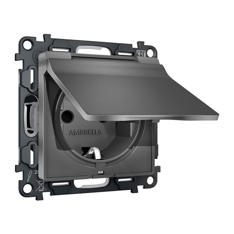 Комплект механизма электрической розетки ALFA Антрацит серый с/з с шторками и крышкой IP44 QUANT (AP6580, VM141)