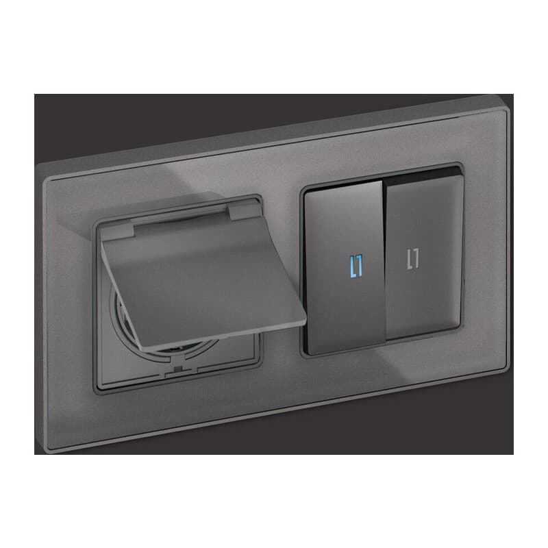 Комплект механизма электрической розетки ALFA Антрацит серый с/з с шторками и крышкой IP44 QUANT (AP6580, VM141)