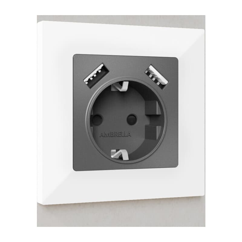 Комплект механизма электрической розетки ALFA Антрацит серый 2USB A+A 18W (быстрая зарядка) с/з QUANT (AP6590, VM155)
