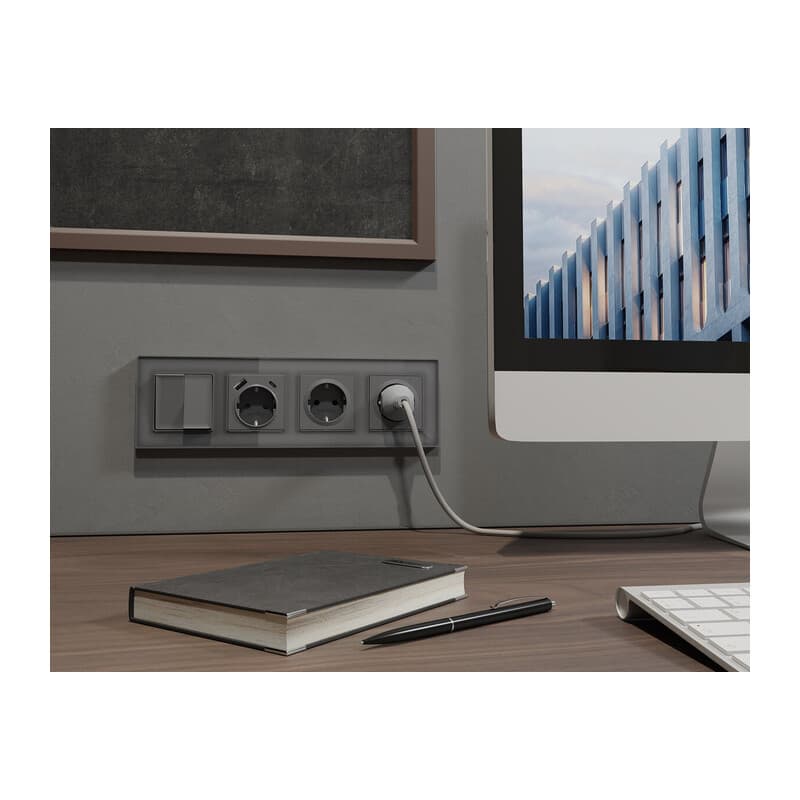 Комплект механизма электрической розетки ALFA Антрацит серый 2USB A+C 20W (быстрая зарядка) с/з QUANT (AP6600, VM160)