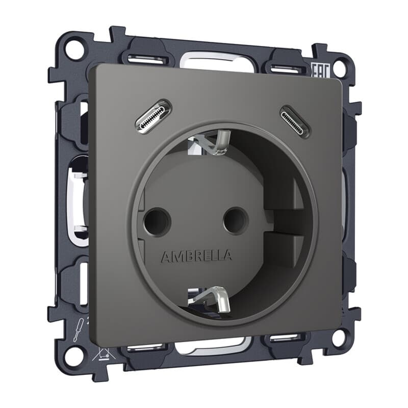 Комплект механизма электрической розетки 2USB С+C 20W с/з на винтовых зажимах 16A-250V ALFA Антрацит серый QUANT (AP6605, VM165)