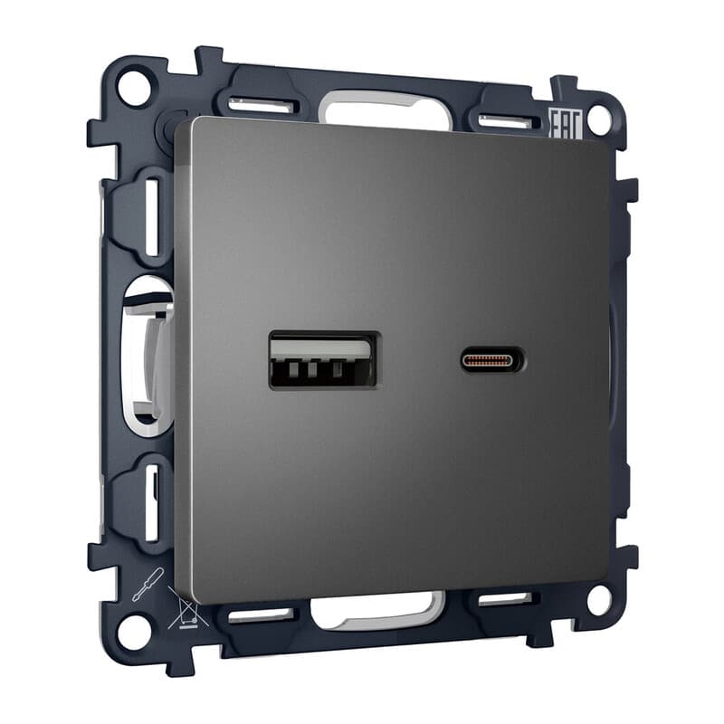 Комплект механизма розетки ALFA Антрацит серый 2USB A+C 20W (быстрая зарядка) QUANT (AP6610, VM177)