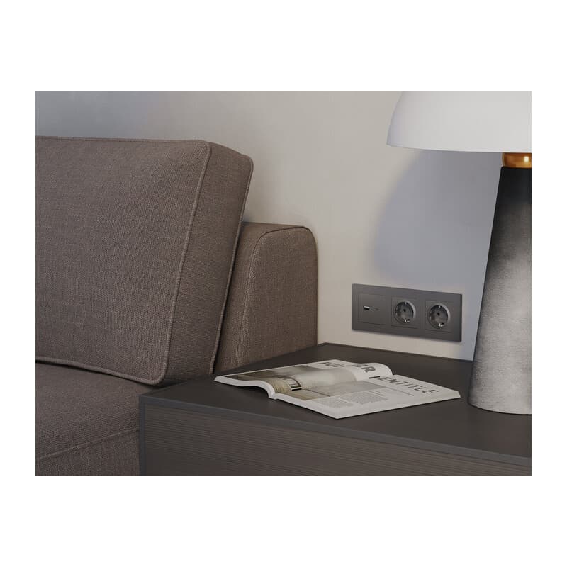 Комплект механизма розетки ALFA Антрацит серый 2USB A+C 20W (быстрая зарядка) QUANT (AP6610, VM177)