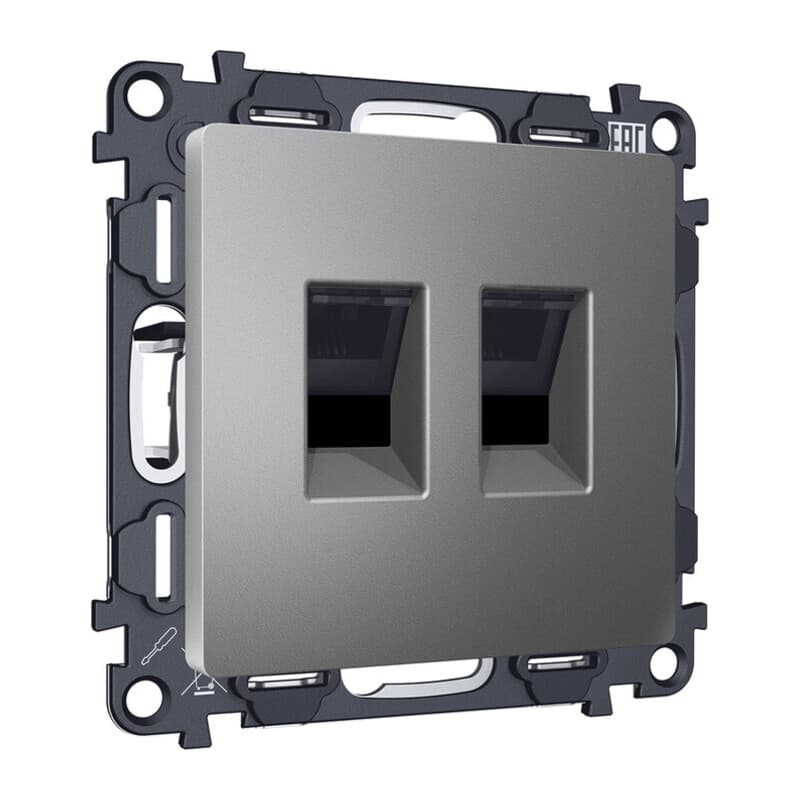 Комплект механизма компьютерной двойной розетки RJ-45 (8P8C) CAT6 с автоматической защитной шторкой ALFA Антрацит серый QUANT (AP6621, VM189)
