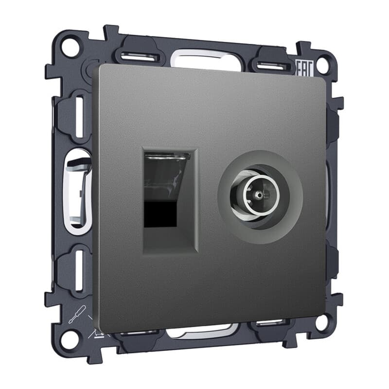 Комплект механизма розетки компьютерной + TV оконечной RJ-45 с автоматической защитной шторкой ALFA Антрацит серый (AP6625, VM195)