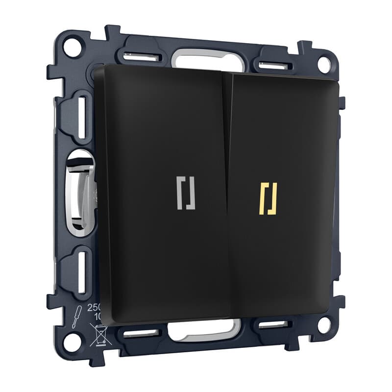 Комплект механизма 2-кл выключателя с самовозвратом с подсветкой 3200K ALFA Черный матовый QUANT (AP8040, VM129, G11Y)