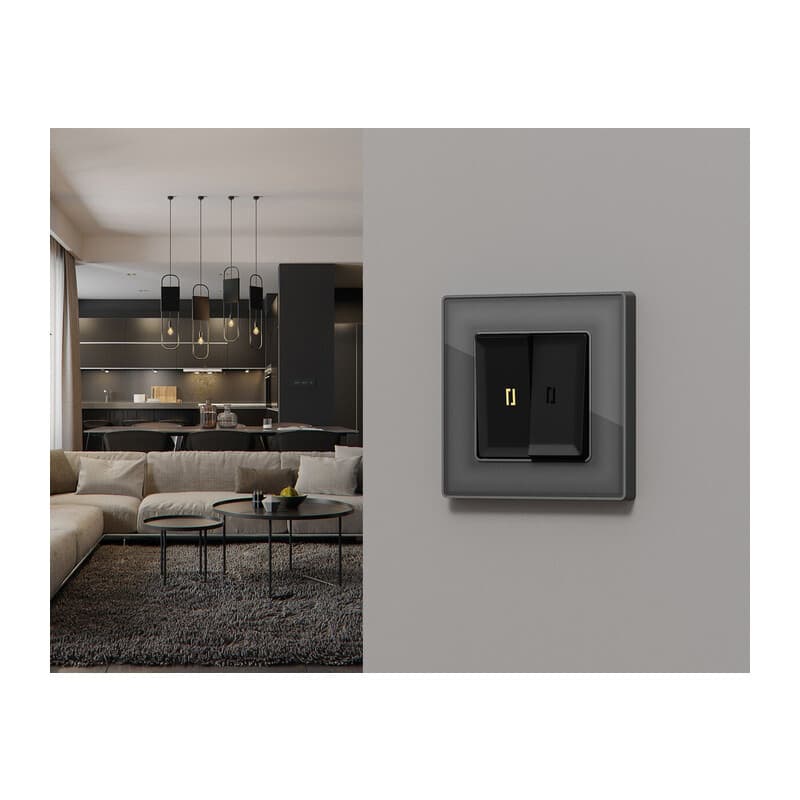 Комплект механизма 2-кл выключателя с самовозвратом с подсветкой 3200K ALFA Черный матовый QUANT (AP8040, VM129, G11Y)