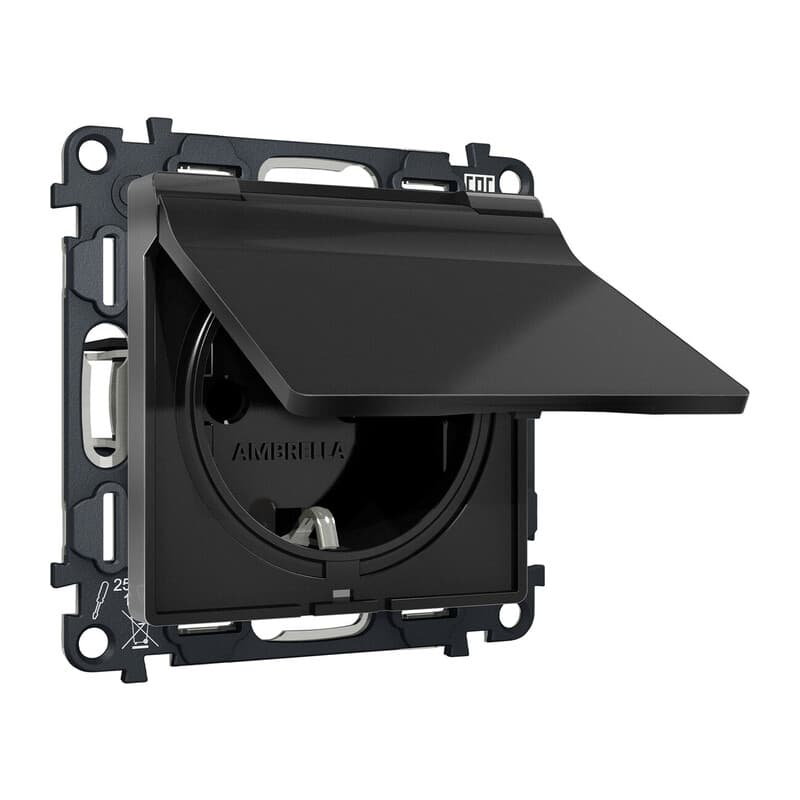 Комплект механизма электрической розетки ALFA Черный матовый с/з с шторками и крышкой IP44 QUANT (AP8080, VM141)