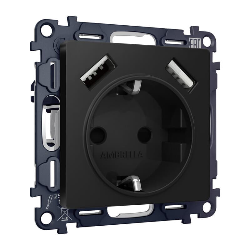 Комплект механизма электрической розетки ALFA Черный матовый 2USB A+A 18W (быстрая зарядка) с/з QUANT (AP8090, VM155)