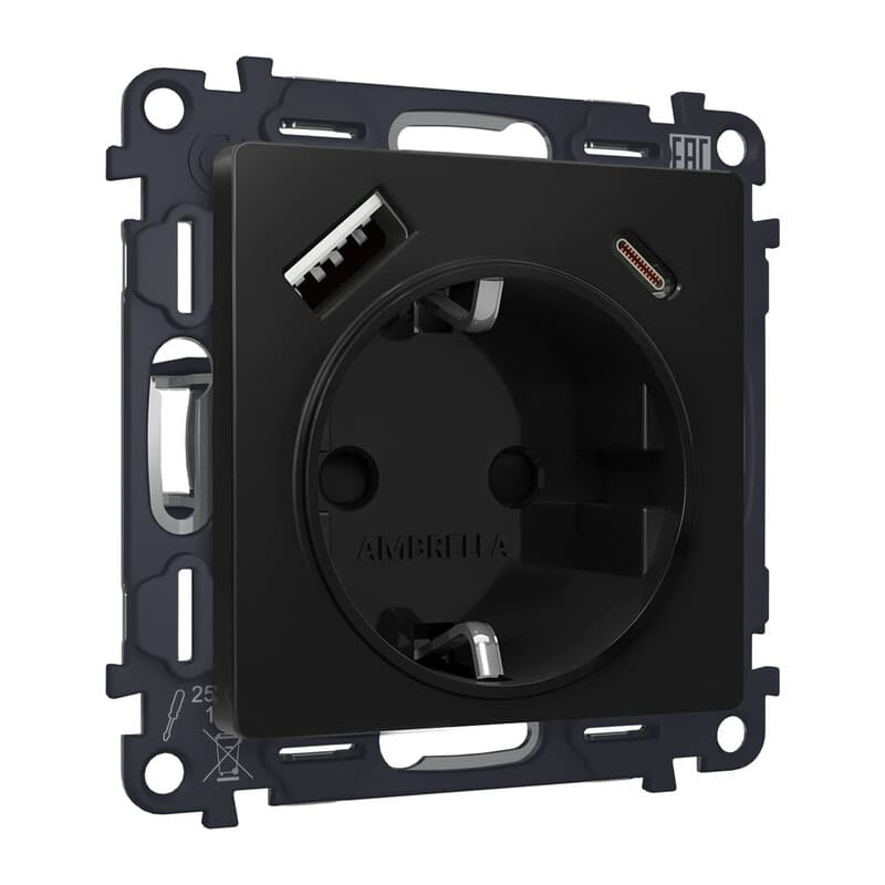 Комплект механизма электрической розетки ALFA Черный матовый 2USB A+C 20W (быстрая зарядка) с/з QUANT (AP8100, VM160)