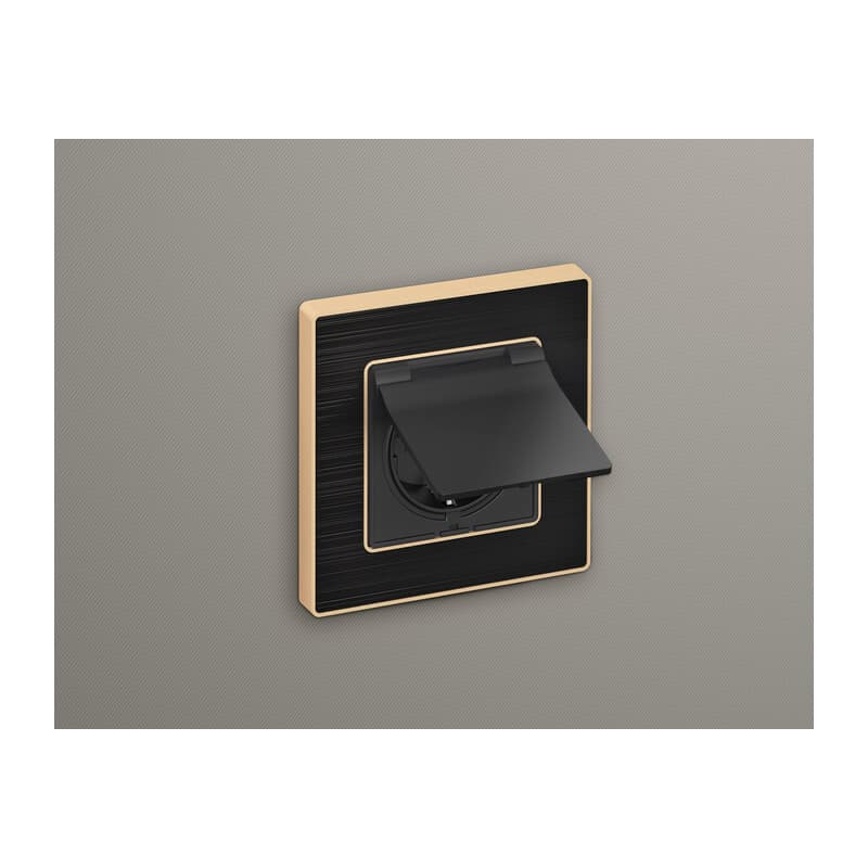 Комплект механизма электрической розетки ALFA Графит мягкое касание с/з с шторками и крышкой IP44 QUANT (AP9080, VM141)