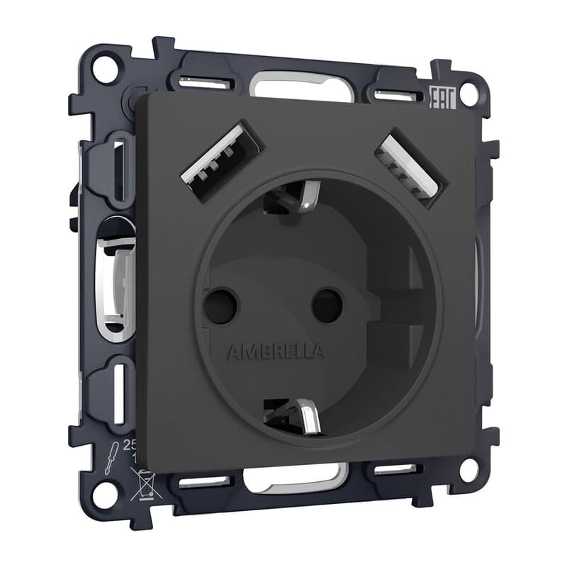 Комплект механизма электрической розетки ALFA Графит мягкое касание 2USB A+A 18W (быстрая зарядка) с/з QUANT (AP9090, VM155)