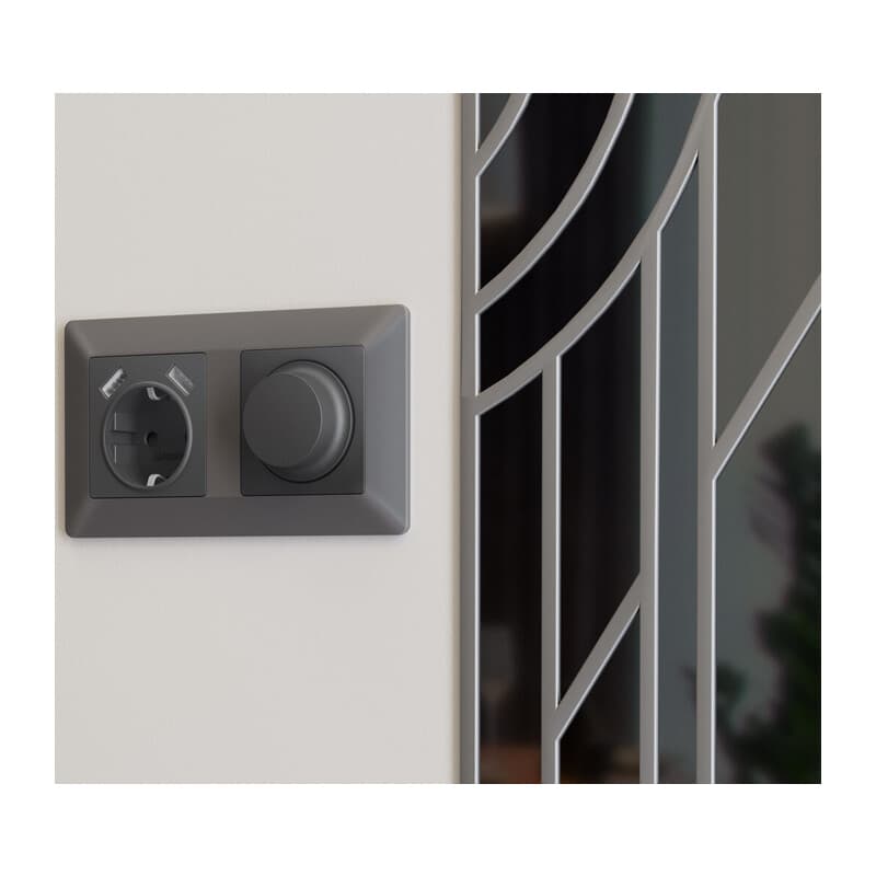 Комплект механизма электрической розетки ALFA Графит мягкое касание 2USB A+A 18W (быстрая зарядка) с/з QUANT (AP9090, VM155)