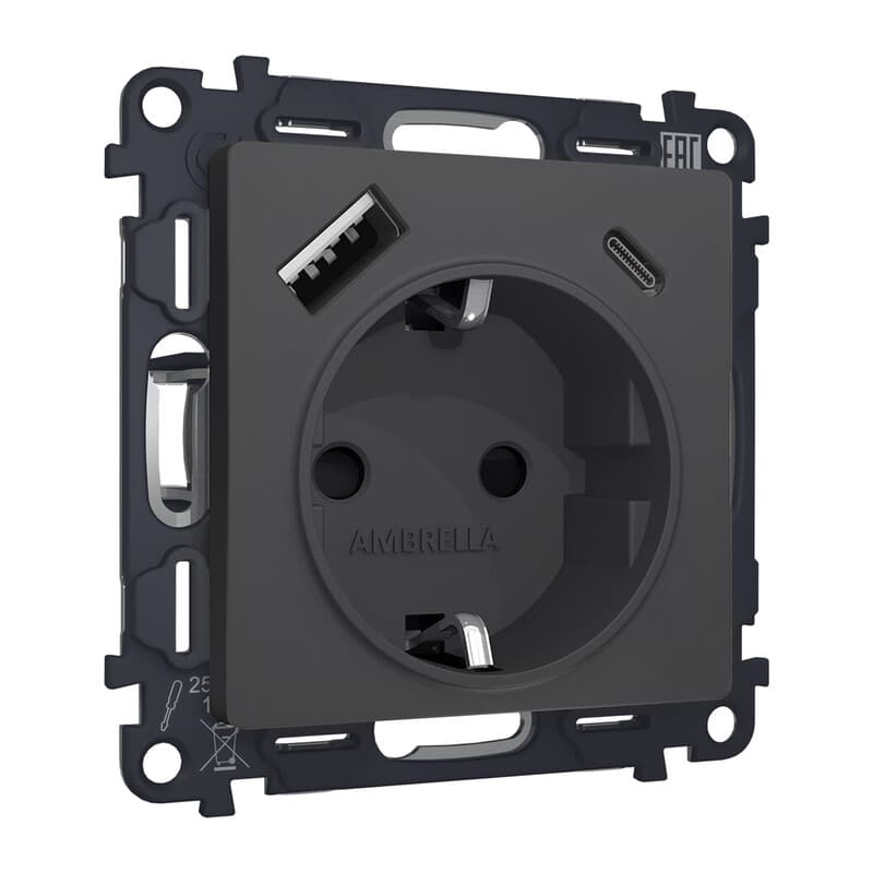 Комплект механизма электрической розетки ALFA Графит мягкое касание 2USB A+C 20W (быстрая зарядка) с/з QUANT (AP9100, VM160)