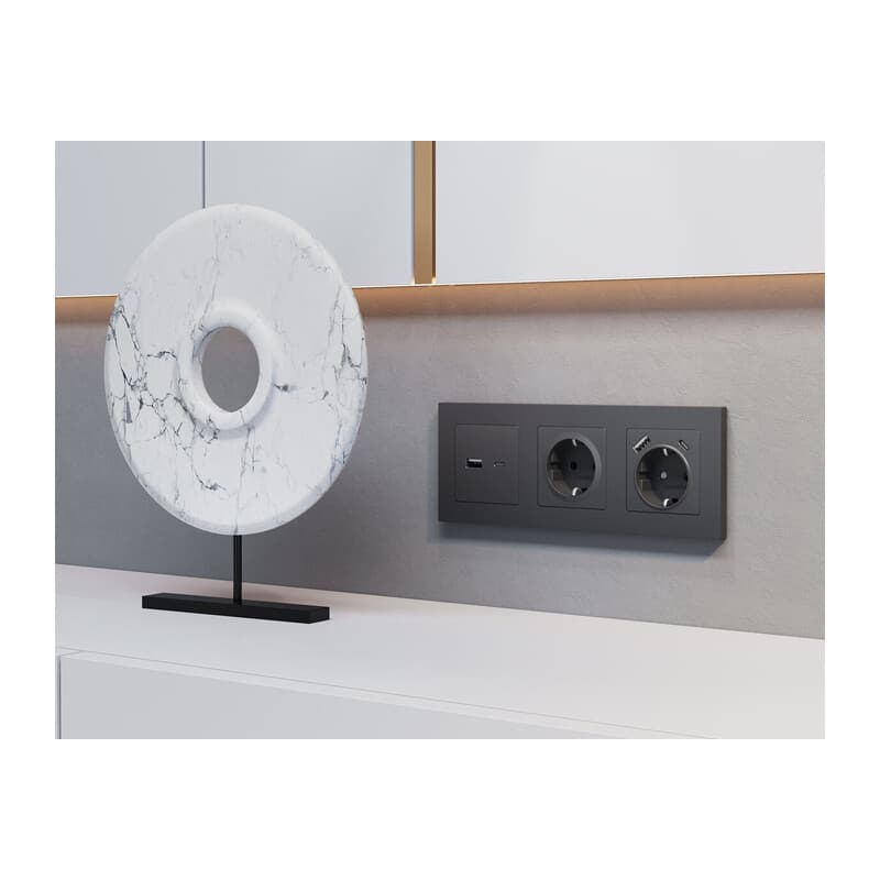 Комплект механизма электрической розетки ALFA Графит мягкое касание 2USB A+C 20W (быстрая зарядка) с/з QUANT (AP9100, VM160)