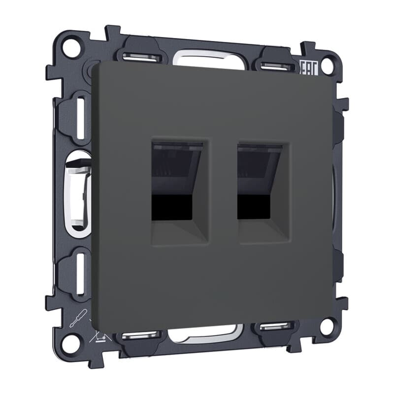 Комплект механизма компьютерной двойной розетки RJ-45 с автоматической защитной шторкой ALFA Графит мягкое касание QUANT (AP9121, VM189)