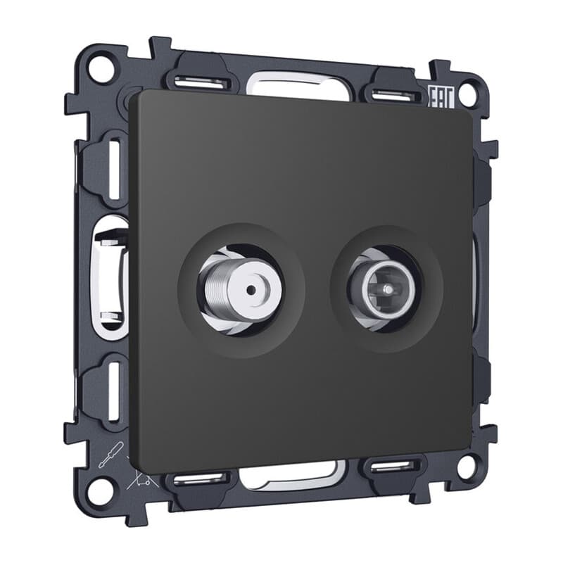 Комплект механизма розетки TV оконечной + SAT 5-862MHz 3.5dB/950-2150MHz 3.5dB ALFA Графит мягкое касание QUANT (AP9133, VM217)