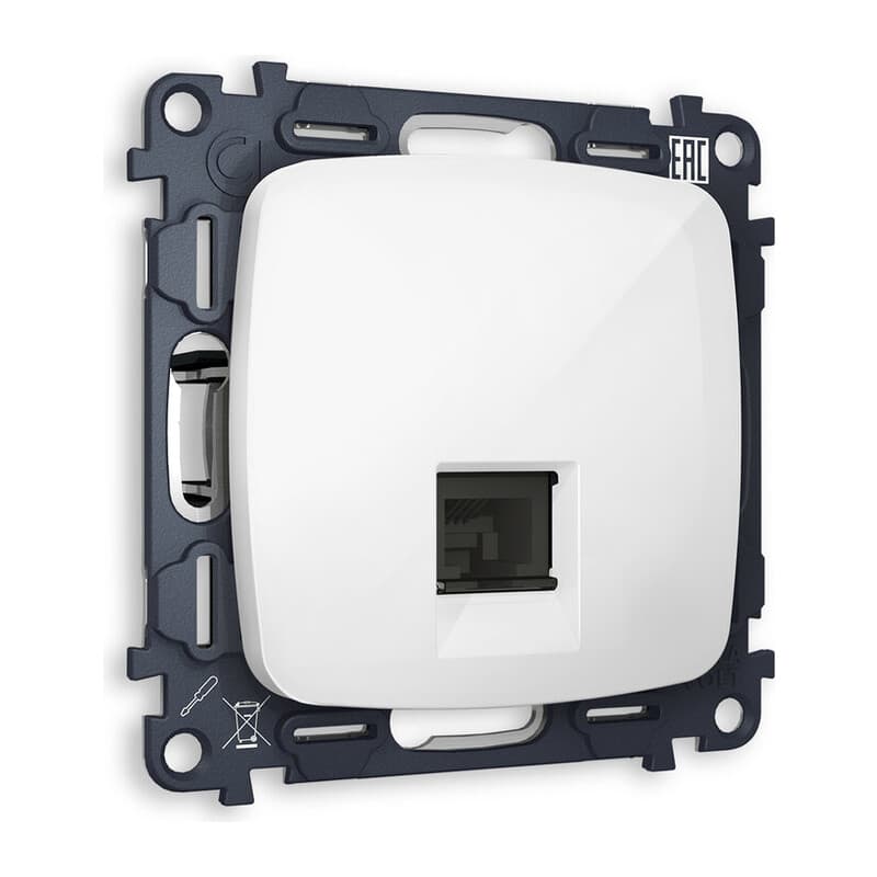 Комплект механизма компьютерной розетки RJ-45 экранированной с автоматической защитной шторкой OMEGA Белый глянец QUANT (OP1120, VM185)