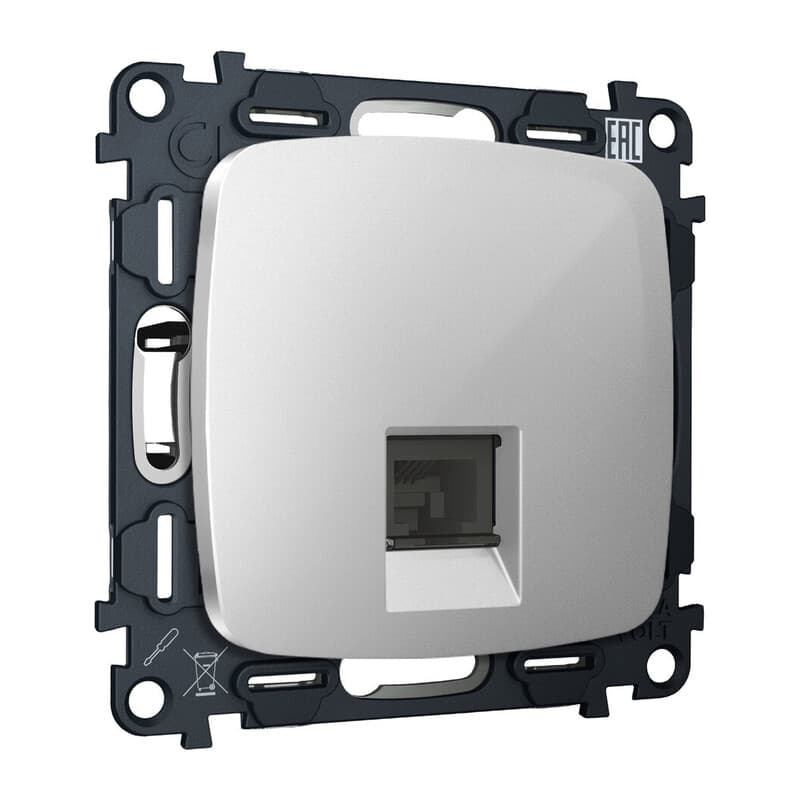 Комплект механизма компьютерной розетки RJ-45 экранированной с автоматической защитной шторкой OMEGA Серебро глянец QUANT (OP4120, VM185)