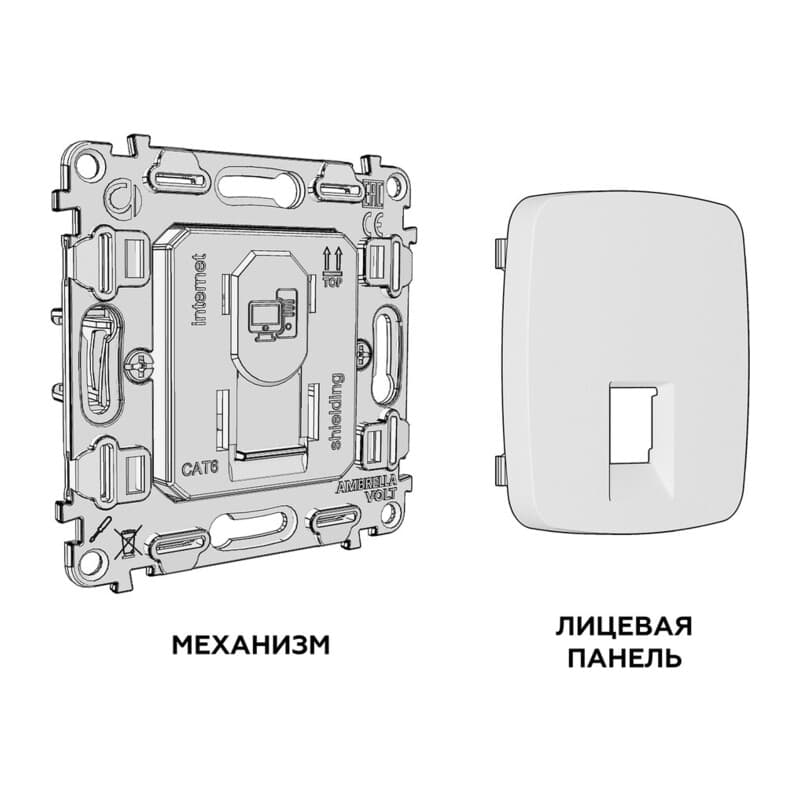 Комплект механизма компьютерной розетки RJ-45 экранированной с автоматической защитной шторкой OMEGA Антрацит серый QUANT (OP6620, VM185)