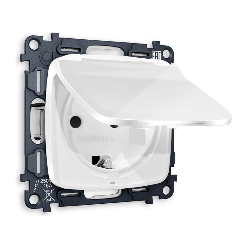 Комплект механизма электрической розетки OMEGA Белый глянец с/з с шторками и крышкой IP44 QUANT (OP1080, VM141)