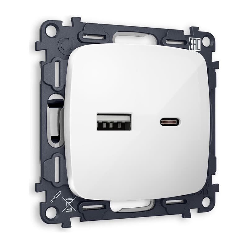 Комплект механизма розетки OMEGA Белый глянец 2USB A+C 20W (быстрая зарядка) QUANT (OP1110, VM177)